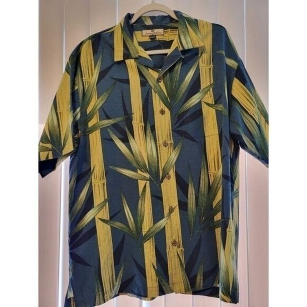 Tommy Bahama Mens M Silk Bamboo Tropical Camp Shirt Blue Yellow Short Sleeve